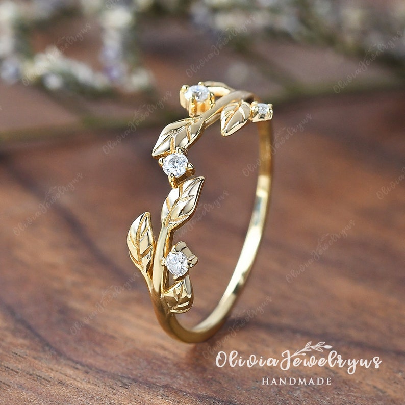 Vintage Leaf Wedding Band Women Unique Diamond Ring Stacking Ring Antique Yellow Gold Band Vine Delicate Moissanite Matching Band Leaf Ring image 2
