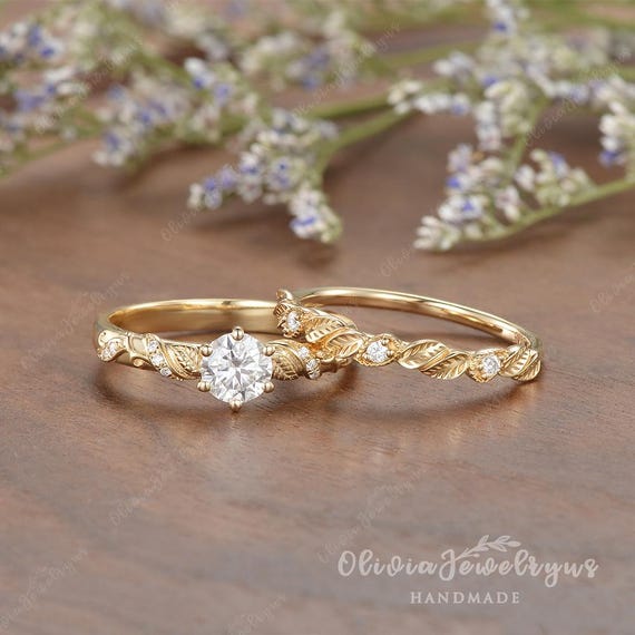 Art Deco Moissanite Engagement Ring Set 2pcs Leaf Milgrain Bridal