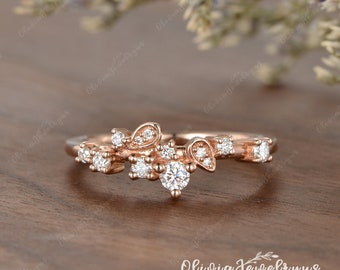 Vine Leaf Stacking Ring Rose Gold Delicate Moissanite Band Cluster Diamond Wedding Band Vintage Custom Matching Band Women Anniversary Gift