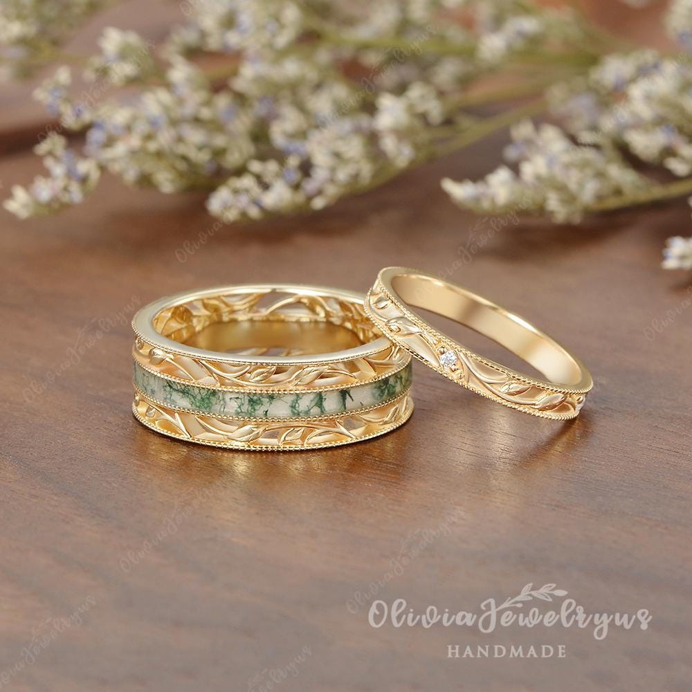 2pcs Natural Moss Agate Promise Ring Set Art Deco Leaf Ring