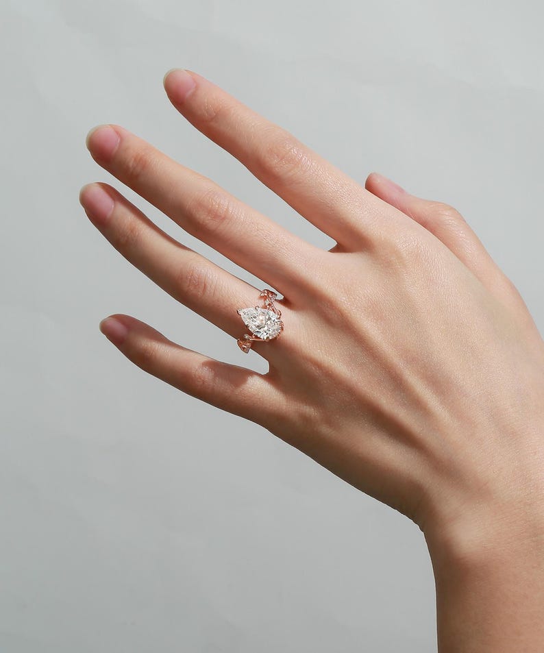 1.5ct Pear Shaped Moissanite Engagement Ring Vintage Leaf Wedding Ring Unique Yellow Gold Leaf Floral Ring Nature Inspired Promise Ring image 12