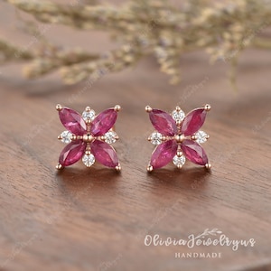 Clover Bridesmaid Ruby Earrings Cocktail Earrings Marquise Lab Ruby Stud Earrings Floral Simulated Diamond Earrings Stud Anniversary Gift