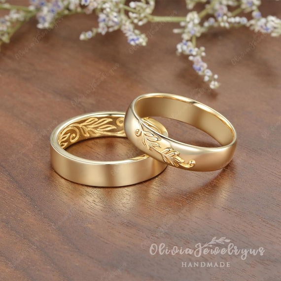 Mens Couple Rings Set 2pcs Oak Leaf Wedding Band Handmade Promise