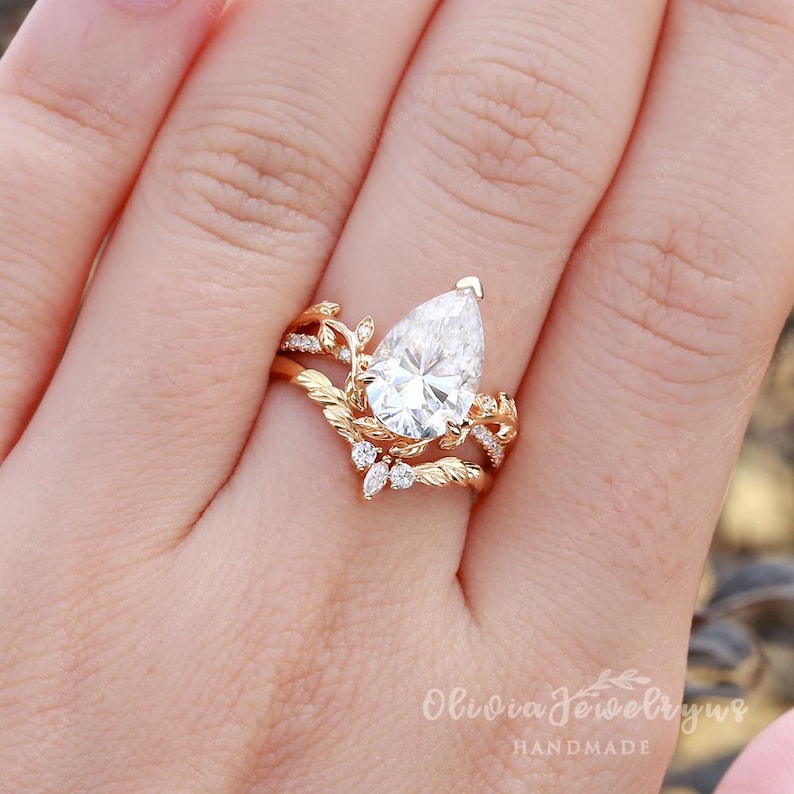 1.5ct Pear Shaped Moissanite Engagement Ring Vintage Leaf Wedding Ring Unique Yellow Gold Leaf Floral Ring Nature Inspired Promise Ring image 10