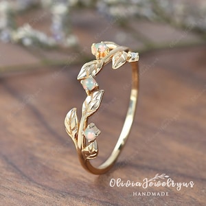 Natural Opal Leaf Wedding Band Women Unique Wedding Ring Vine Stacking Matching Ring Yellow Gold Dainty Wedding Band Vintage Leaf Ring