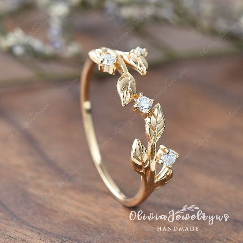 Vintage Leaf Wedding Band Women Unique Diamond Ring Stacking Ring Antique Yellow Gold Band Vine Delicate Moissanite Matching Band Leaf Ring image 1