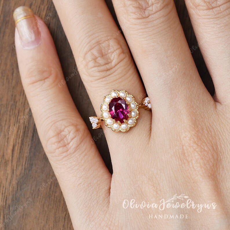 Antique Ruby & Pearl Ring Yellow Gold Women Delicate Lab Ruby - Etsy