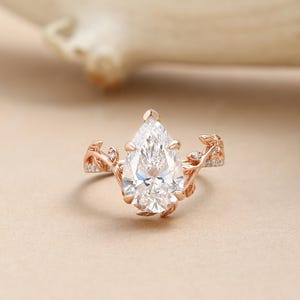 1.5ct Pear Shaped Moissanite Engagement Ring Vintage Leaf Wedding Ring Unique Yellow Gold Leaf Floral Ring Nature Inspired Promise Ring image 11