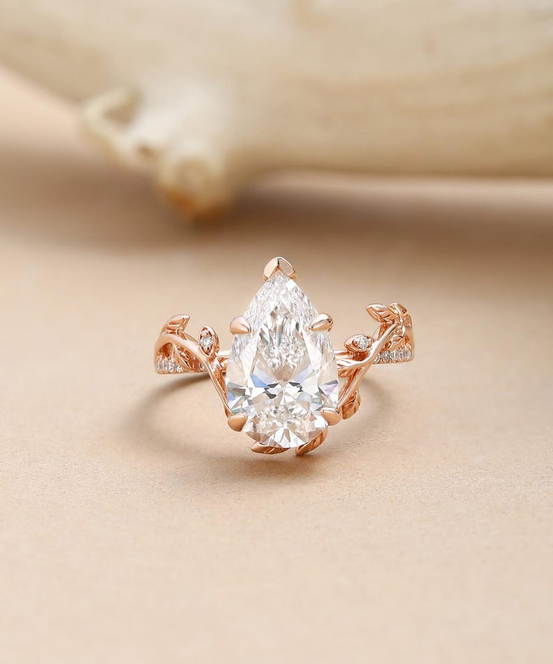 1.5ct Pear Shaped Moissanite Engagement Ring Vintage Leaf Wedding Ring Unique Yellow Gold Leaf Floral Ring Nature Inspired Promise Ring image 11