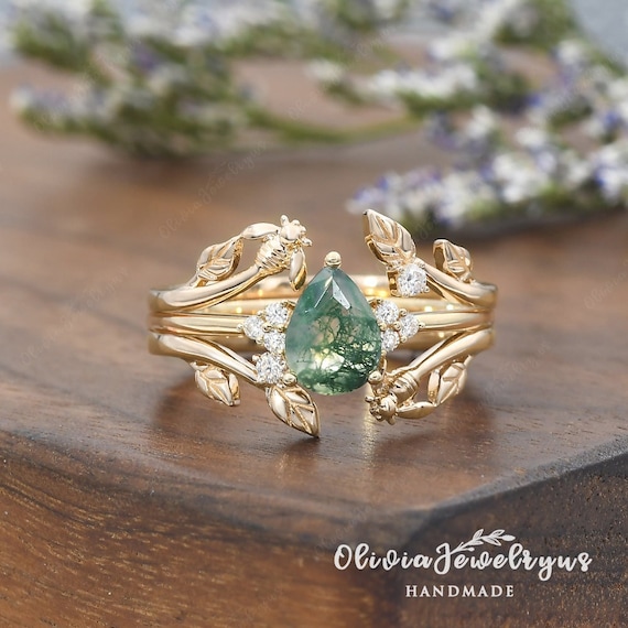 Moss Agate Bee Ring Enhancer Pear Cut Leaf Wedding Band Cluster Engagement Ring Moissanite Cage Enhancer Ring Nature Leaf Ring Set Antique