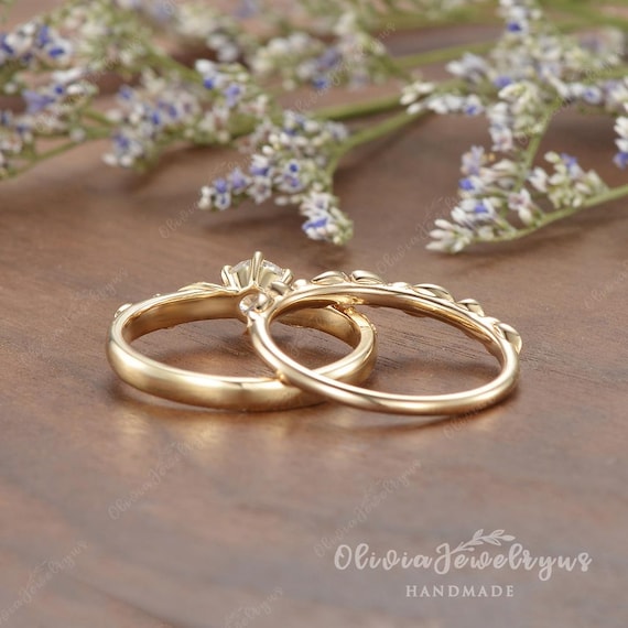 Art Deco Moissanite Engagement Ring Set 2pcs Leaf Milgrain Bridal