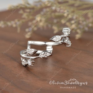Art Deco Leaf Wedding Band Moissanite Stacking Open Ring Antique Cage Ring Enhancer Delicate Moissanite Band Unique White Gold Open Ring