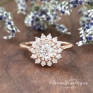 Vintage Moissanite Halo Engagement Ring Woman Rose Gold Art Deco Snowflake Ring Unique Floral Moissanite Cluster Ring Wedding Promise Ring