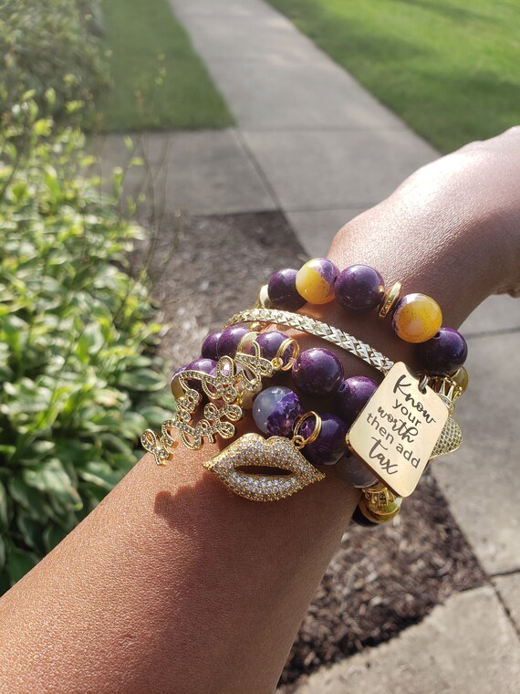 Beaded Bracelets Purple Gold Elastic 