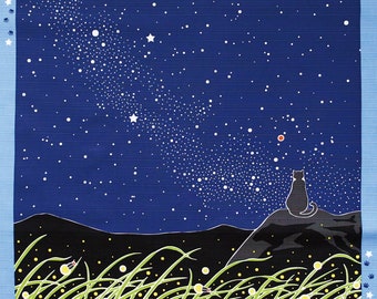 Japanese Furoshiki Gift Wrap 50cm – Black Cat & Milky Way Summer Night – Fireflies Design Reusable Cloth for Gift Wrapping and Bento