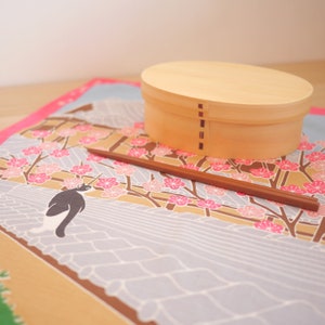 Cat Furoshiki with pink Sakura, Cherry blossoms. Beautiful and Reusable Gift wrapping. Eco-friendly Christmas reusable gift wrapping.