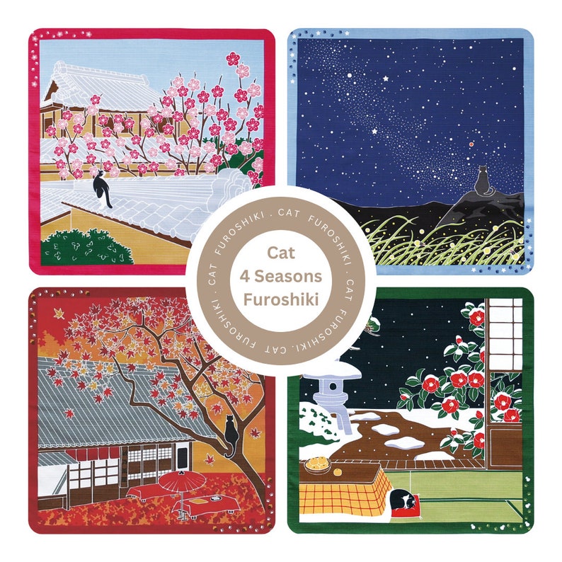 May include: Four square fabric panels with a cat design representing the four seasons. The panels feature a cat in a cherry blossom tree, a cat under a starry night sky, a cat in a maple tree, and a cat in a snowy garden.