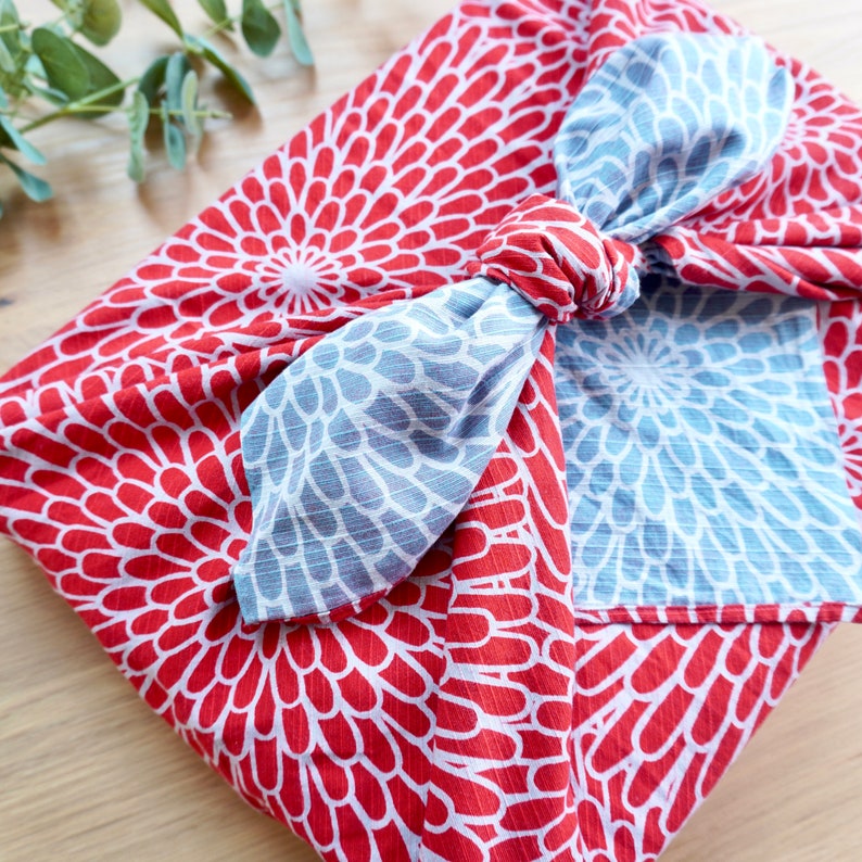 Large Furoshiki bag and a Gift Wrapping. This reversible Furoshiki is very versatile and can be used as a bag as well. Blue and Red Chrysanthemum pattern.