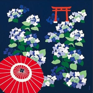 Japanese Furoshiki Gift Wrap 50cm – Hydrangea, Shrine Gate & Wagasa – Reusable Eco Friendly Cloth