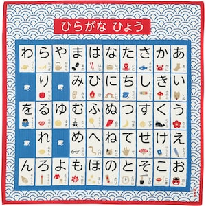 Japanese Furoshiki Gift Wrap 50cm – Hiragana Alphabet with Cute Illustrations – Reusable Cloth for Bento & Gift Wrapping