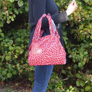 Large Furoshiki handbag, This reversible Furoshiki is very versatile and can be used as gift wrap, handbag, play mat and cushion cover. Blue and Red Chrysanthemum pattern.