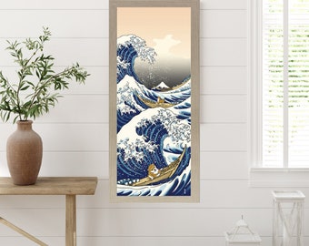 Tenugui Wall Art | Shiba Dogs & The Great Wave Design | 34×90cm Japanese Fabric Decor and Gift