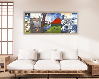Tenugui Wall Art | Hokusai Great Wave with Shiba Dogs | 90×34cm Japanese Fabric Gift