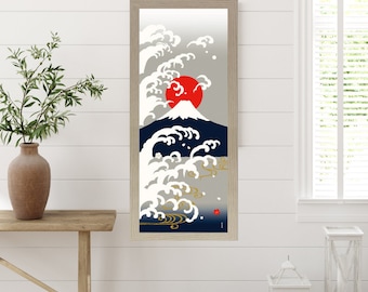 Tenugui, Wall Art, Mt Fuji, A Great Wave, 34cm x 90cm (13.4” x 35.4”), Japanese Fabric Art, Japanese Gifts, HanaBee