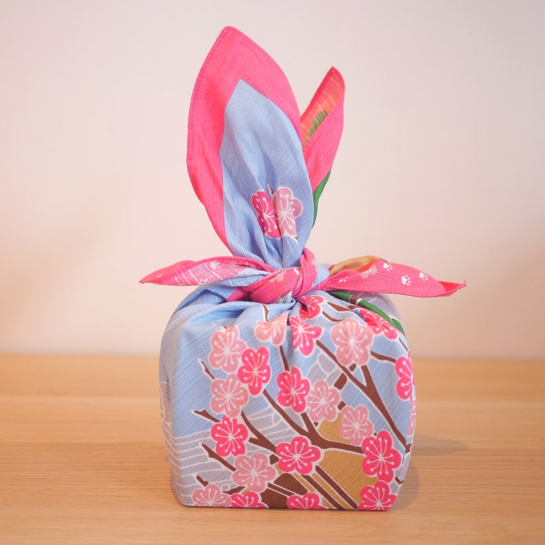 Cat Furoshiki with pink Sakura, Cherry blossoms. Beautiful and Reusable Gift wrapping. Eco-friendly Christmas reusable gift wrapping.