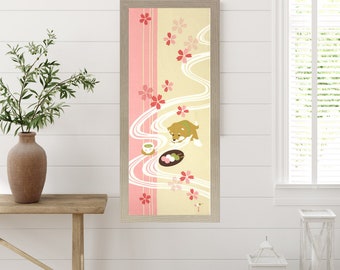 Tenugui Wall Art | Shiba Dog with Matcha & Dango | 34×90cm Japanese Fabric Decor