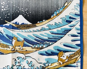 Japanese Furoshiki Gift Wrap 50cm – Great Wave Shiba Inu Surfing – Cute Dog Reusable Cloth Wrap