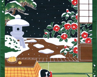 50×50cm Cat Furoshiki | Winter Camellia Design | Japanese Wrapping Cloth Fabric Art Gift | HanaBee