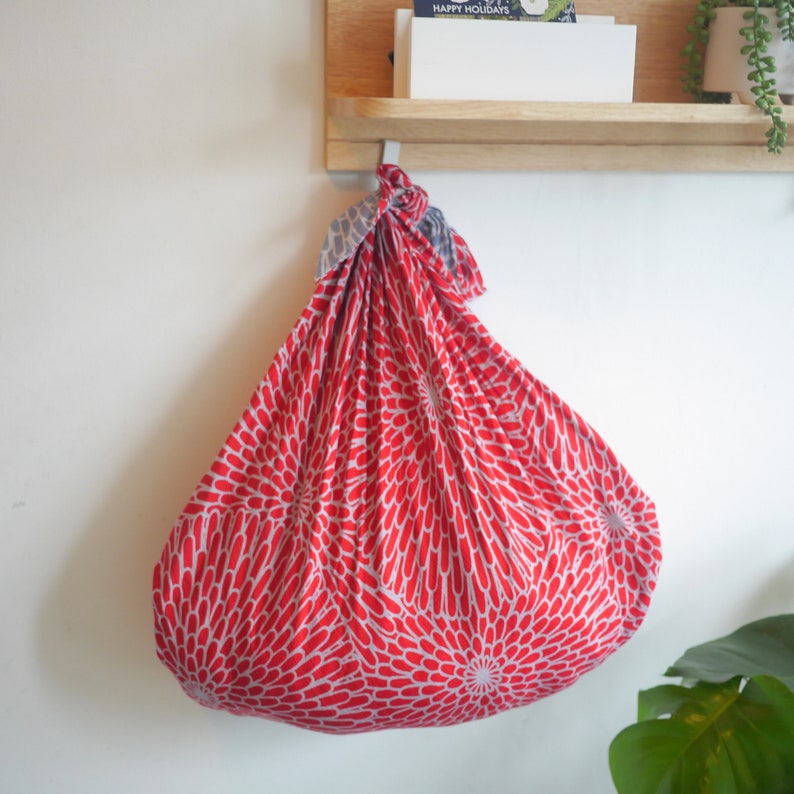 Large Furoshiki bag, This reversible Furoshiki is very versatile and can be used as gift wrap, handbag, play mat and cushion cover. Blue and Red Chrysanthemum pattern.