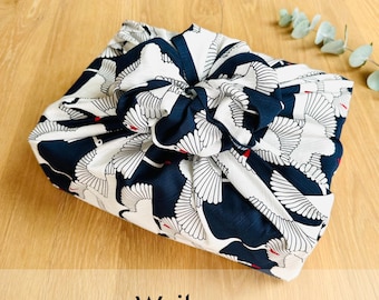 Large Furoshiki Wrapping Cloth | Navy Crane Design | 90×90cm Japanese Gift Wrap & Bag