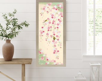 Tenugui, Wall Art, Nightingale, Cherry Blossoms, Sakura, 34cm x 90cm (13.4” x 35.4”), Japanese Fabric Art, Japanese Gifts, HanaBee