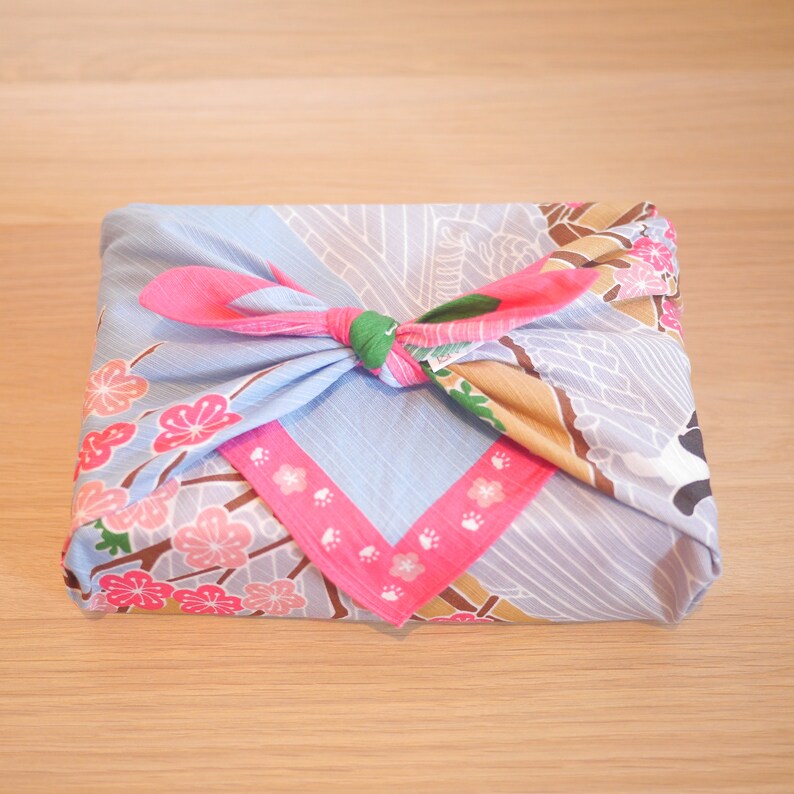 Cat Furoshiki with pink Sakura, Cherry blossoms. Beautiful and Reusable Gift wrapping. Eco-friendly Christmas reusable gift wrapping.