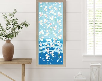 Tenugui, Wall Art, Cats and Cherry Blossoms, 34cm x 90cm (13.4” x 35.4”), Japanese Fabric Art, HanaBee