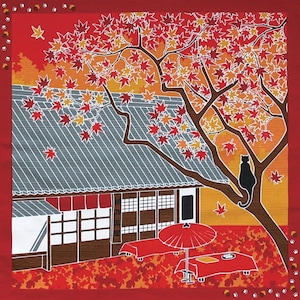 Cat Furoshiki Wrapping Cloth | 50x50cm Japanese Momiji Acer | Autumn Fabric Art Gift