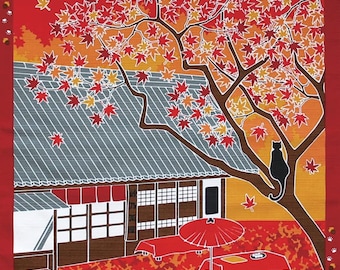 Cat Furoshiki Wrapping Cloth | 50x50cm Japanese Momiji Acer | Autumn Fabric Art Gift