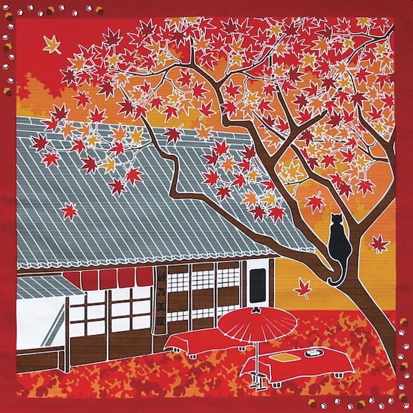 50 x 50 cm, Cat Furoshiki, Japanese acer, Momiji, Japanese Wrapping Cloth, Autumn Furoshiki Cloth, Japanese Gifts, Fabric Art, HanaBee