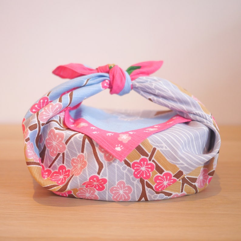 Cat Furoshiki with pink Sakura, Cherry blossoms. Beautiful and Reusable Gift wrapping. Eco-friendly Christmas reusable gift wrapping.