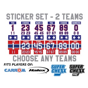 May include: A sticker set for two teams, featuring customizable numbers and names. The design includes red, white, and blue elements with stars. The text reads "Choose Any Teams" and "Fits Players Of:" with brand logos.