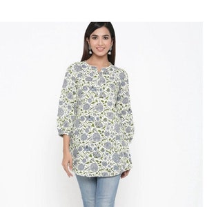 Printed Purple Floral Tunic Kurti, Summer Kurti, Summer Tunic, Cotton Tunic, Holiday Tunic, Short Top, Summer Top Women&#39;s Summer Tunic Beach