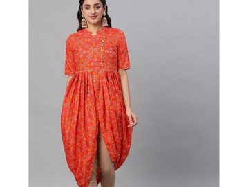 Kurta/Kurti con estampado Bhandani dorado y naranja