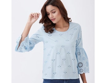 Sky Blue Schiffli Cotton Tunic, Scallop Sleeve Short Kurti Top