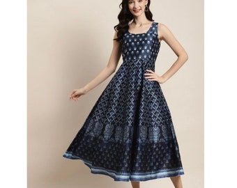 Indigo Printed Anarkali ,Kurti Dress, Partywear Dress, Prom Dress, Evening Dress, Bridesmaid Dress, Reception Dress, Sleeveless dress