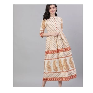 Cream Ethnic Printed Motif Long Kurti Kurta- Maxi Dress