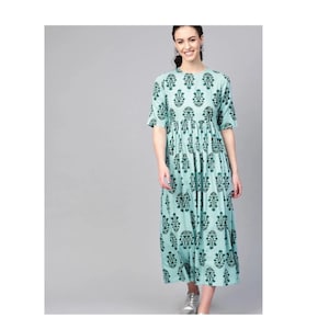 Turquoise bloemenprint maxi-jurk, Kurti Kurta-jurk, zomerjurk, vakantiejurk, boho, boho-jurk, katoenen jurk, lange jurk, lange kurti