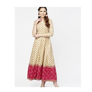 Printed Floral Cream, Pink and Red Long Maxi Dress with Printed Bandhani Border- Kurti Kurta Dress