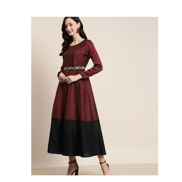 Maroon & Black Contrast Anarkali Belted Dress, Gift For Mum, Gift For Her, Evening Dress, Party Dress, Wedding Dress, Bridesmaid Dress